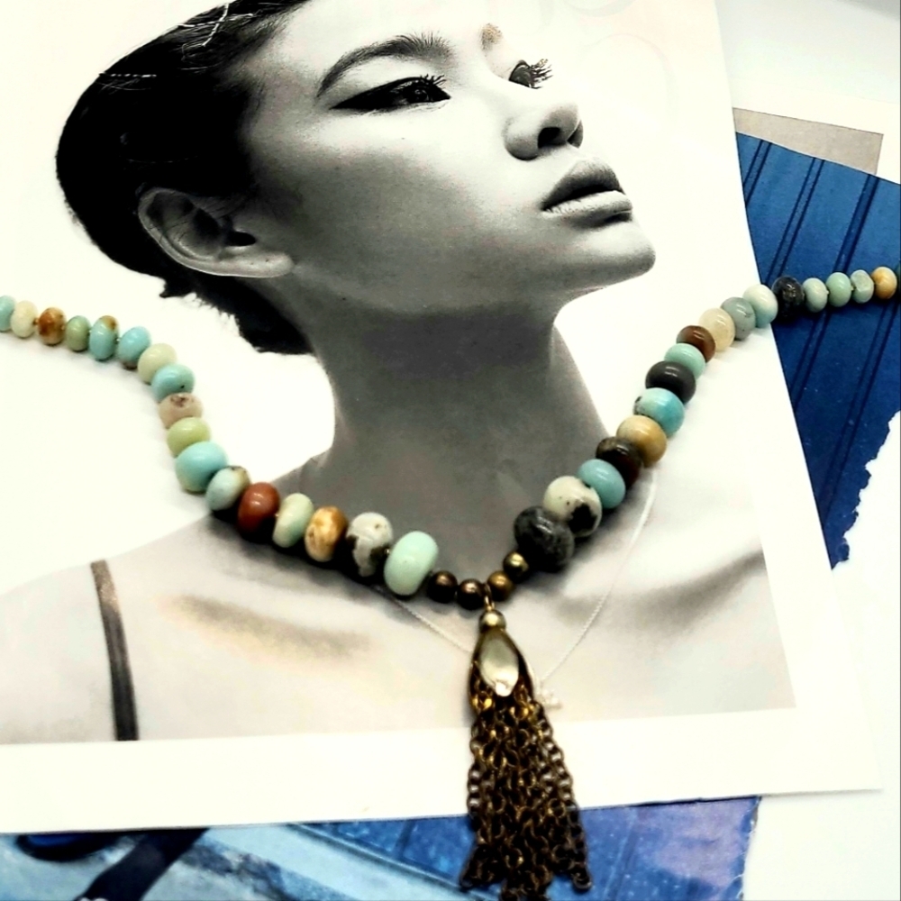 Vintage Handmade Natural Stone Gold Tassel Boho Gold Necklace